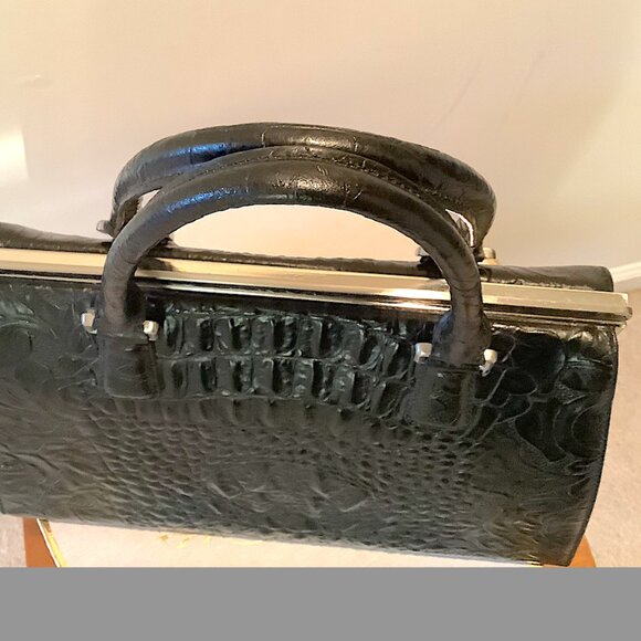 Ann Taylor Black embossed  crocodile  leather  top handle, framed satchel bag - Picture 5 of 13